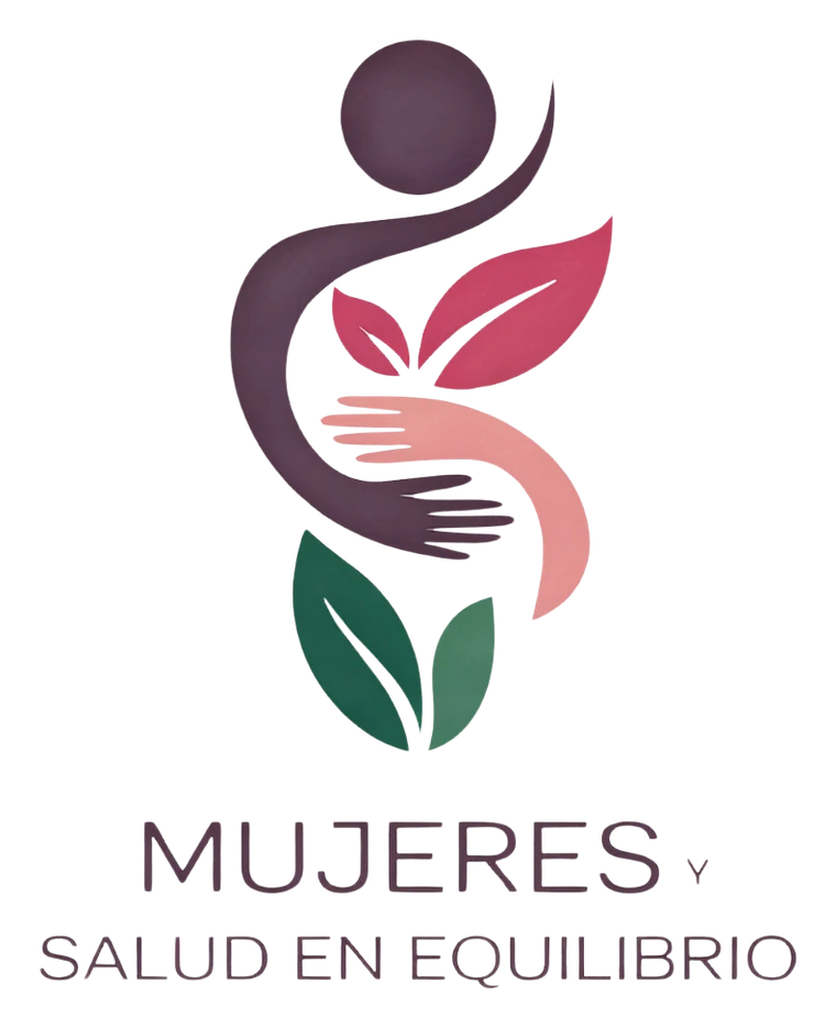 Logo de Mujeres Salud en Equilibrio: figura femenina estilizada que se abraza entre hojas verdes y rosas
